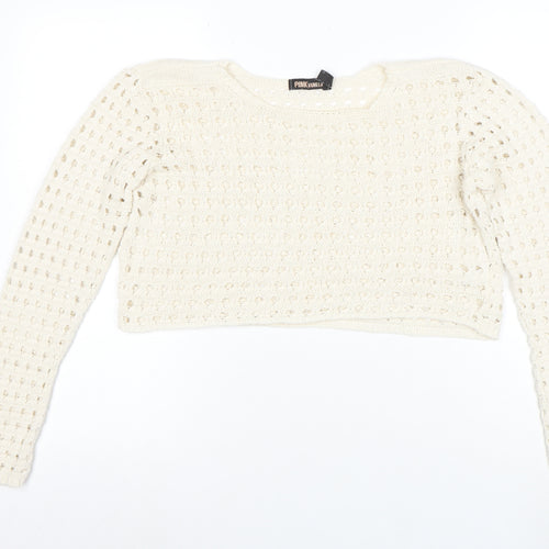 Pink Vanilla Women Ivory Crochet Knit Cropped Long Sleeve Blouse Size S