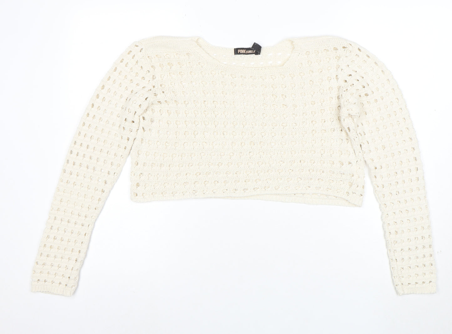 Pink Vanilla Women Ivory Crochet Knit Cropped Long Sleeve Blouse Size S