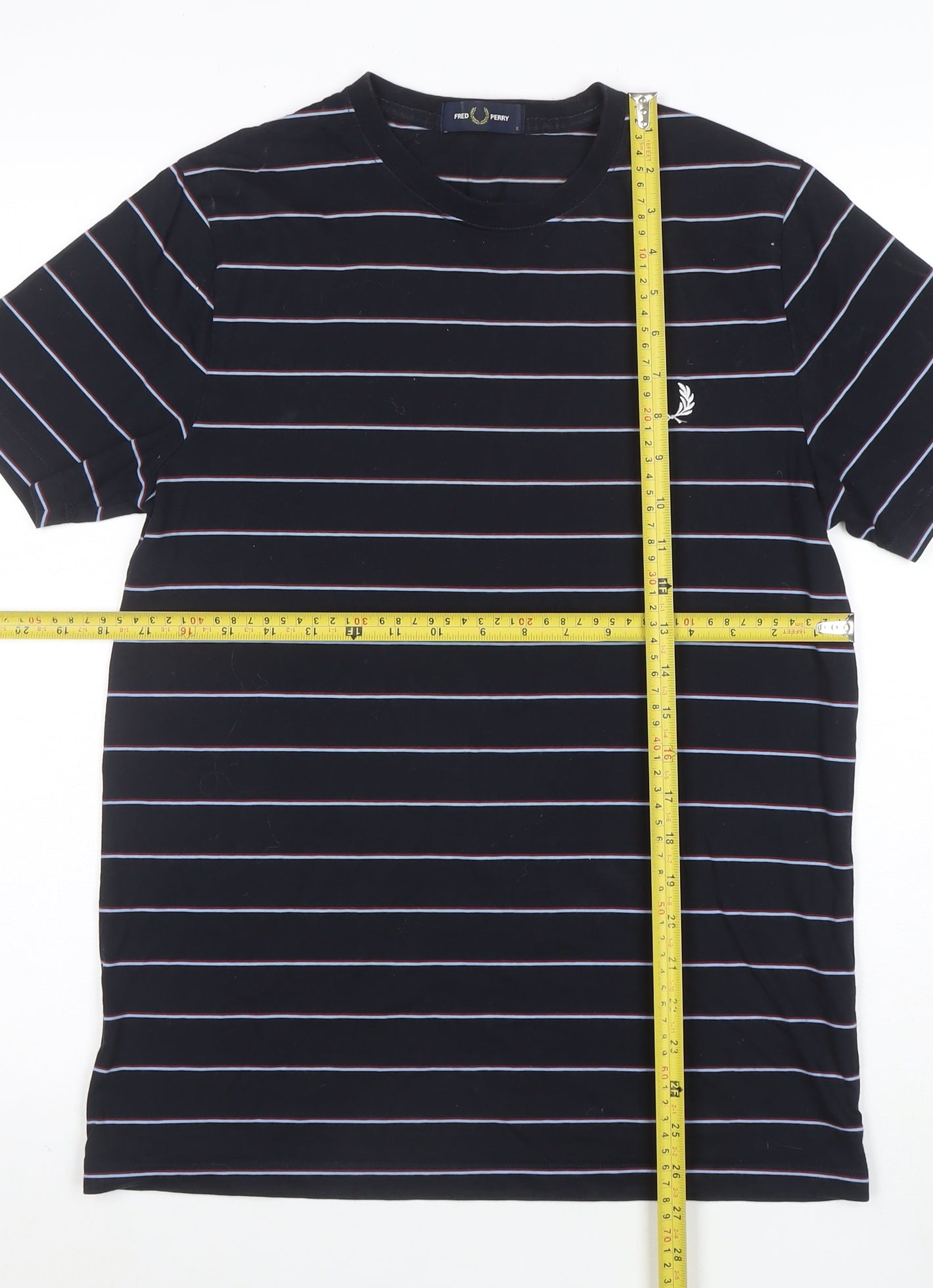 Fred Perry Men's Blue Striped Cotton Crew Neck T-Shirt Size S