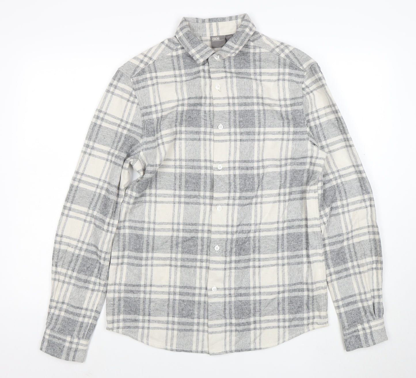 ASOS Men's Grey Checked Flannel Button-Up Shirt Size S