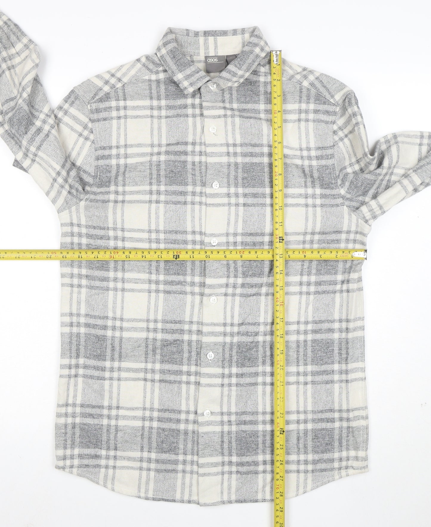 ASOS Men's Grey Checked Flannel Button-Up Shirt Size S