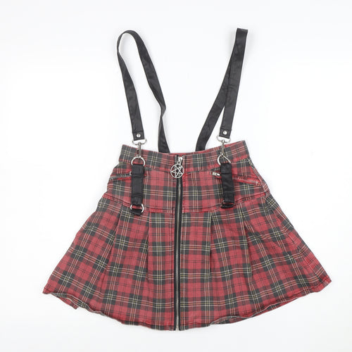 Killstar Women's Red Plaid Pleated Gothic Zip Strap Skirt XS