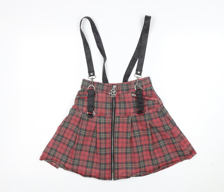 Killstar Women's Red Plaid Pleated Gothic Zip Strap Skirt XS