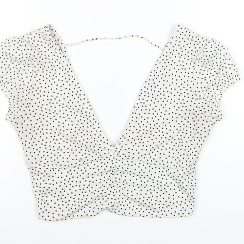 Bershka Women’s White Polka Dot Cropped V-Neck Blouse Size S