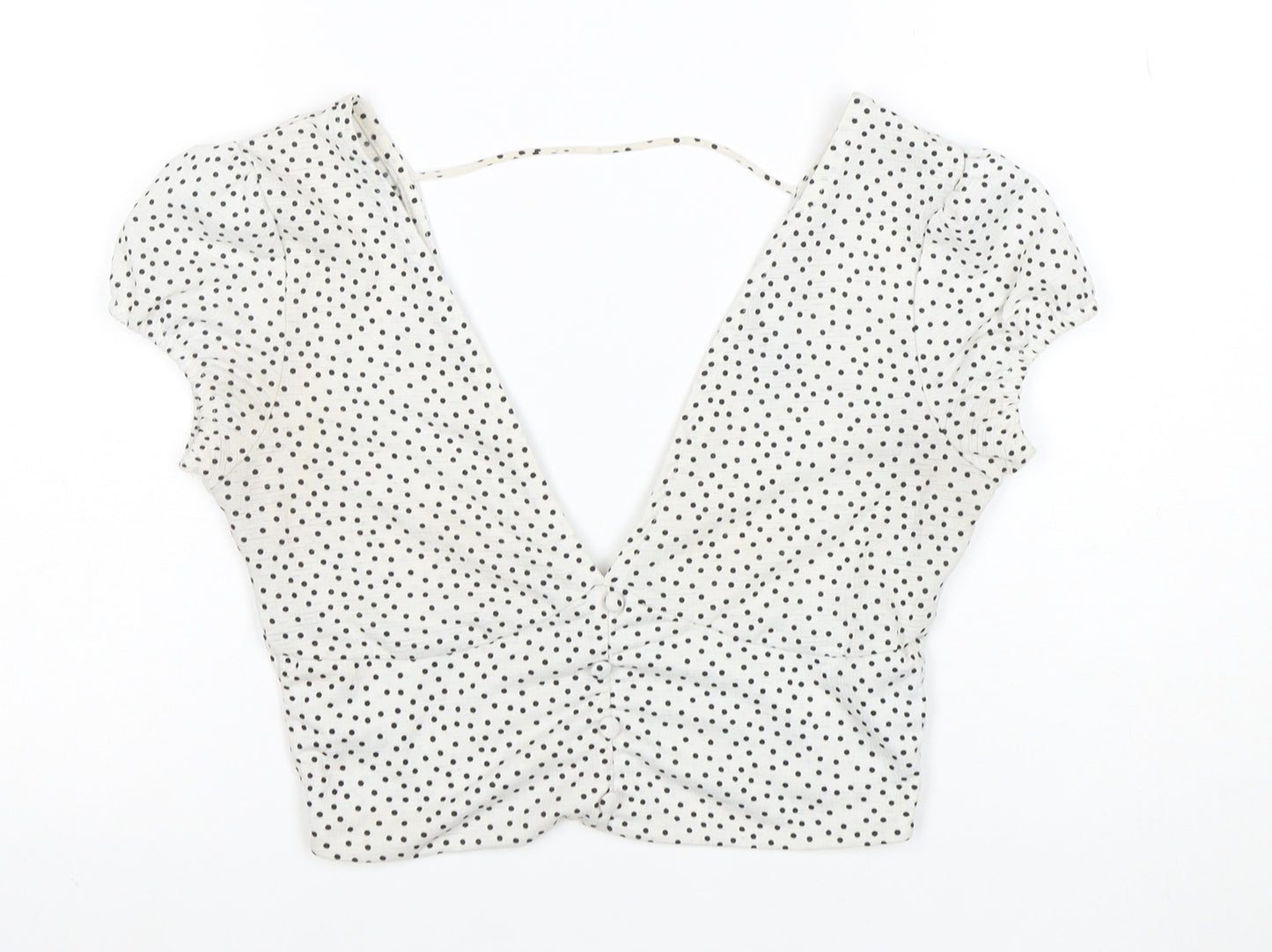 Bershka Women’s White Polka Dot Cropped V-Neck Blouse Size S
