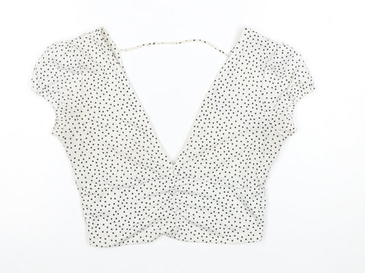 Bershka Women’s White Polka Dot Cropped V-Neck Blouse Size S