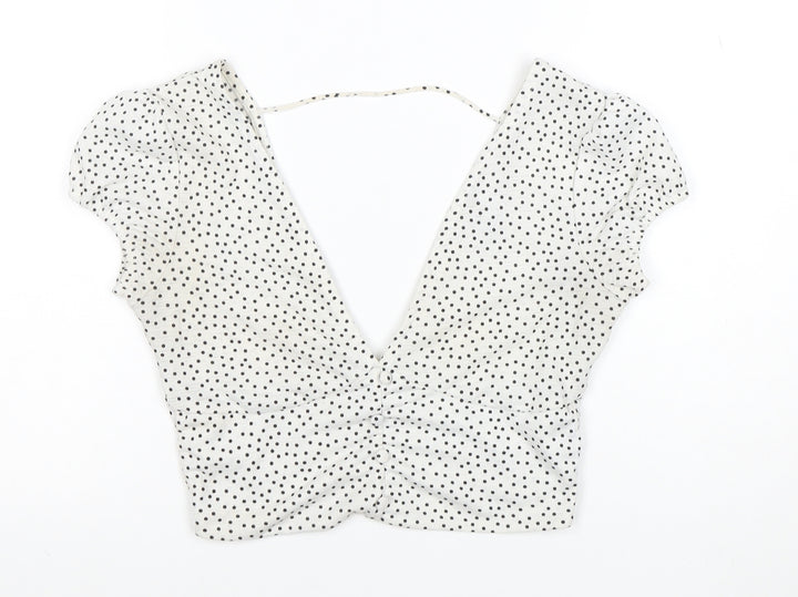 Bershka Women’s White Polka Dot Cropped V-Neck Blouse Size S