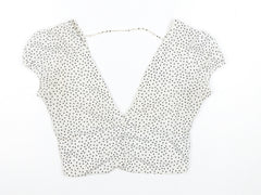 Bershka Women’s White Polka Dot Cropped V-Neck Blouse Size S
