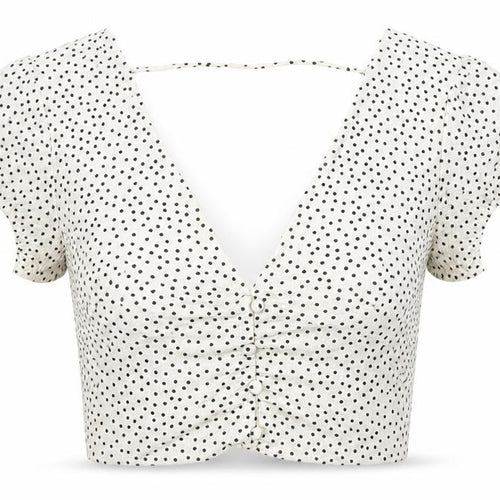 Bershka Women’s White Polka Dot Cropped V-Neck Blouse Size S