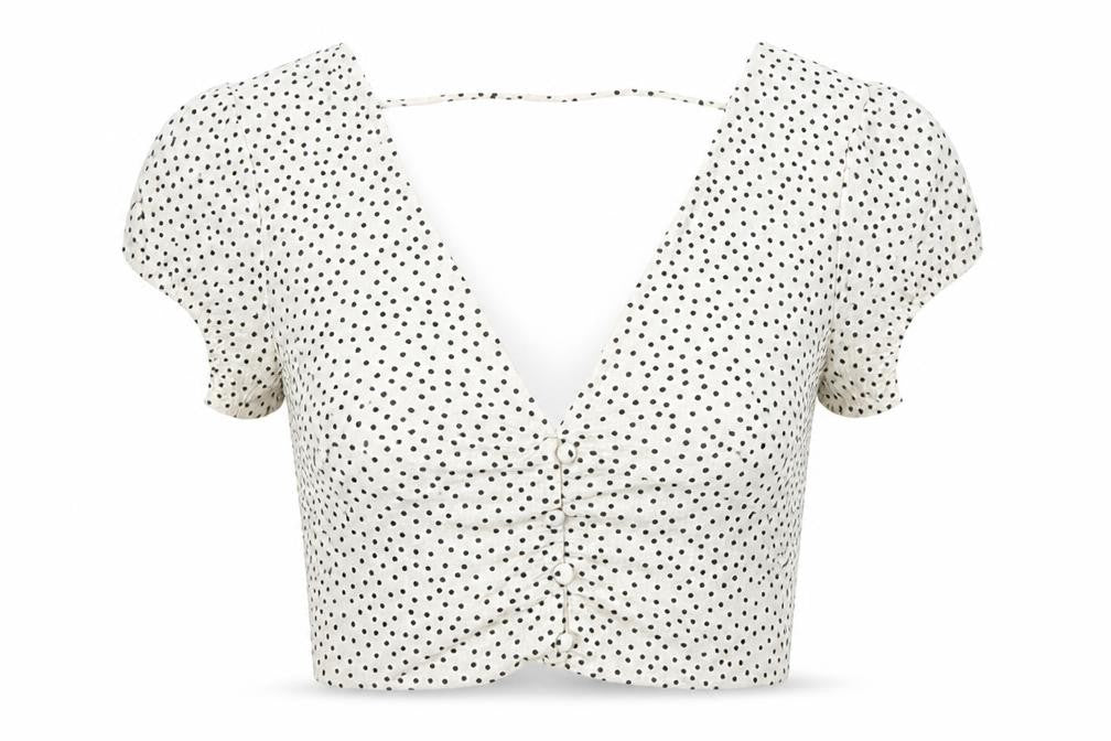 Bershka Women’s White Polka Dot Cropped V-Neck Blouse Size S