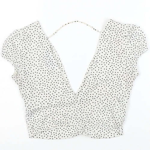 Bershka Women’s White Polka Dot Cropped V-Neck Blouse Size S