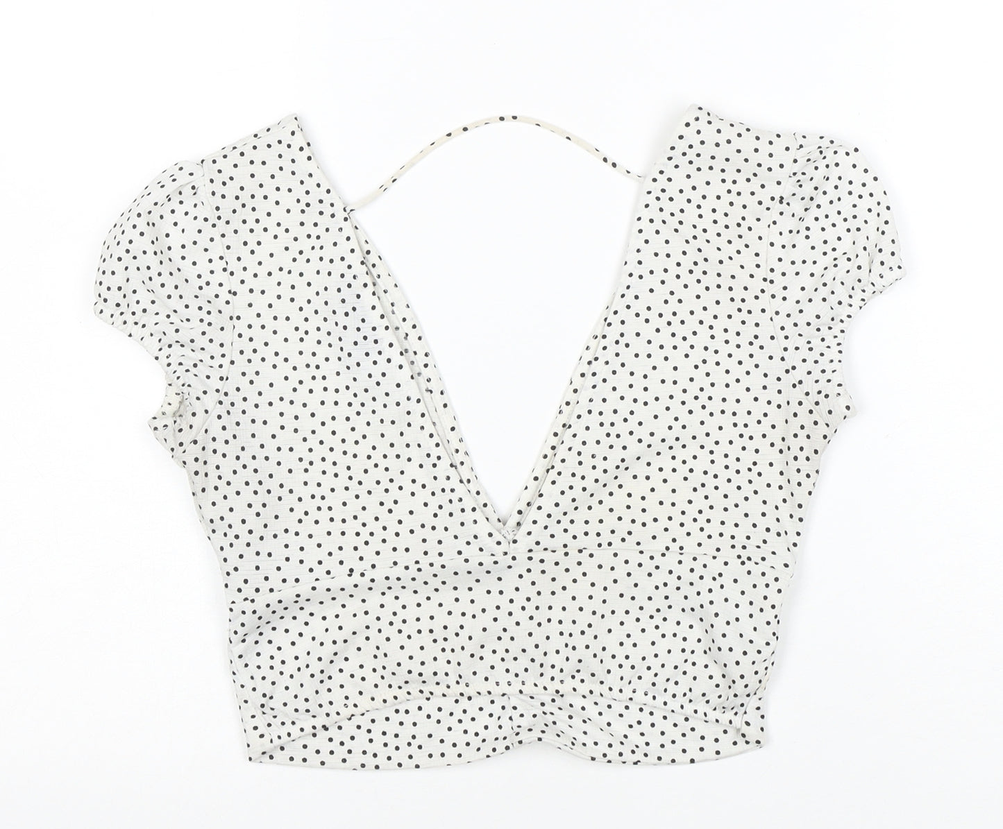 Bershka Women’s White Polka Dot Cropped V-Neck Blouse Size S