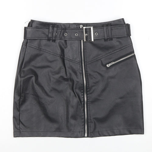 Missguided Womens Black Faux Leather Mini Skirt Size 8 High Waist Zip Belted