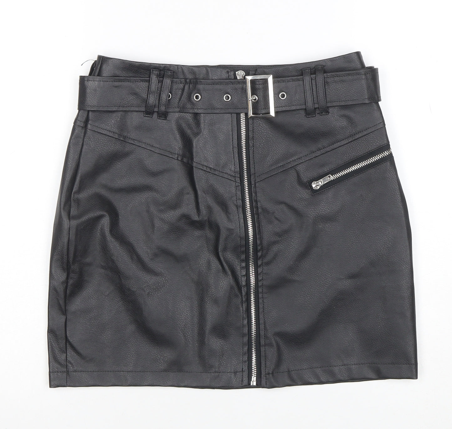 Missguided Womens Black Faux Leather Mini Skirt Size 8 High Waist Zip Belted