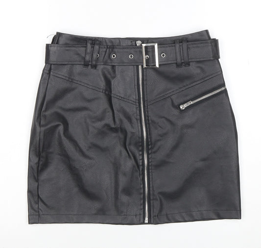 Missguided Womens Black Faux Leather Mini Skirt Size 8 High Waist Zip Belted
