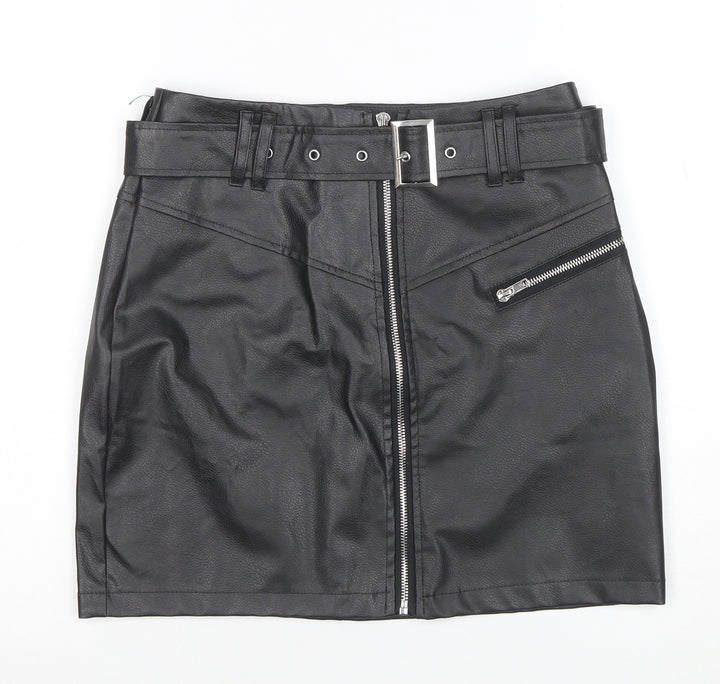Missguided Womens Black Faux Leather Mini Skirt Size 8 High Waist Zip Belted