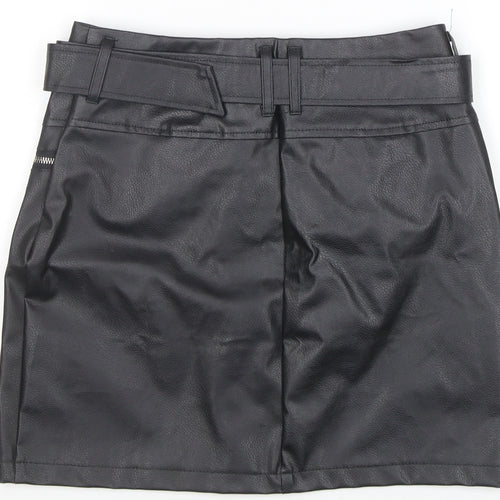 Missguided Womens Black Faux Leather Mini Skirt Size 8 High Waist Zip Belted