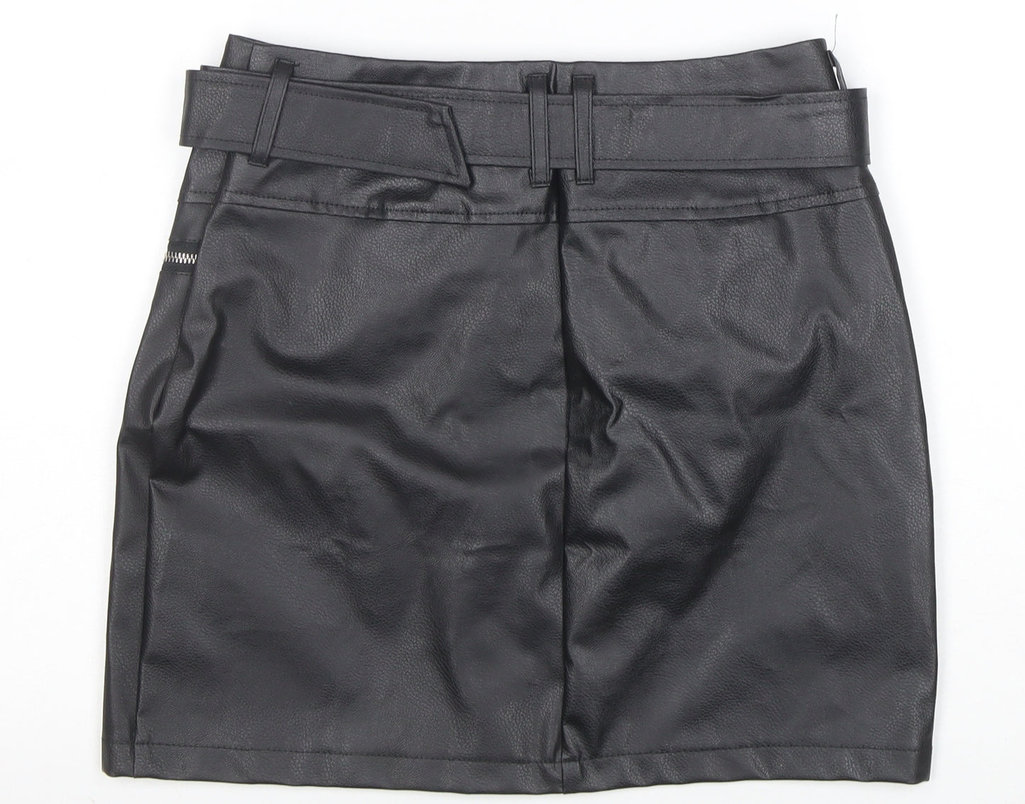 Missguided Womens Black Faux Leather Mini Skirt Size 8 High Waist Zip Belted