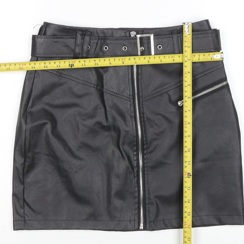 Missguided Womens Black Faux Leather Mini Skirt Size 8 High Waist Zip Belted