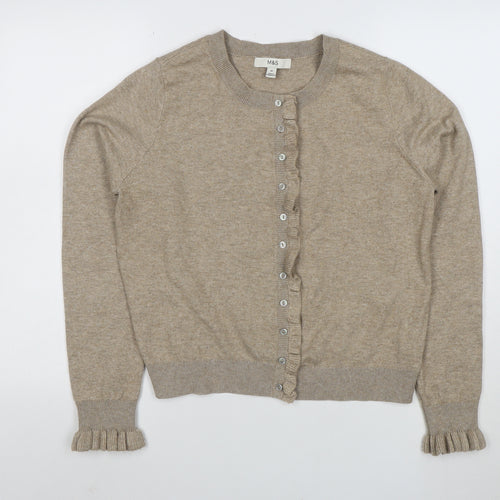 Marks and Spencer Womens Beige Cardigan M Knit Crew Neck Button Ruffle Detail