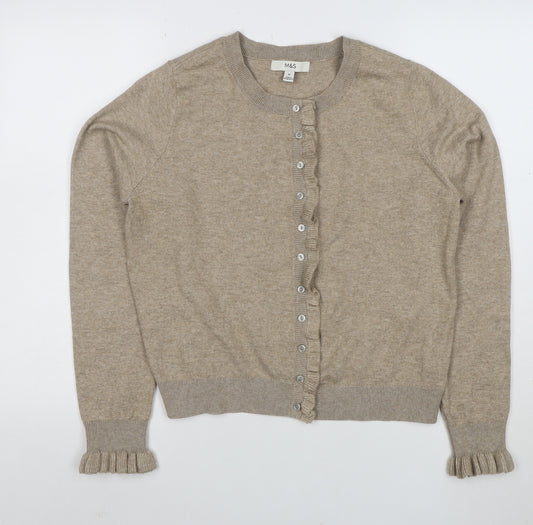 Marks and Spencer Womens Beige Cardigan M Knit Crew Neck Button Ruffle Detail