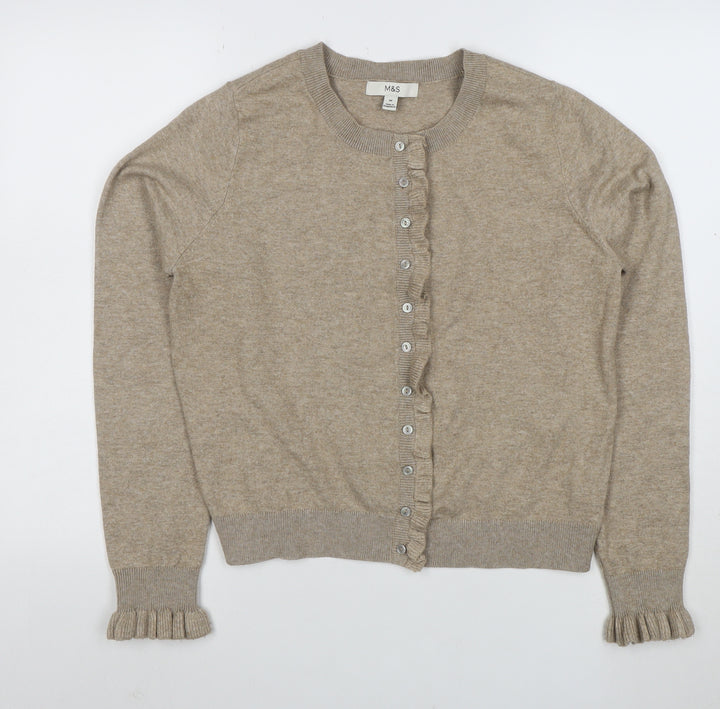 Marks and Spencer Womens Beige Cardigan M Knit Crew Neck Button Ruffle Detail
