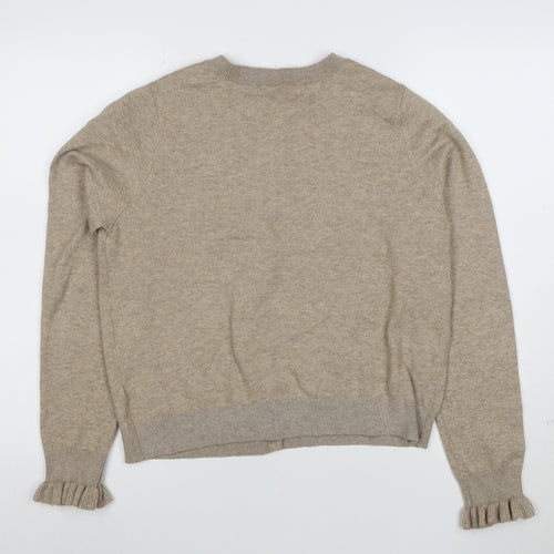 Marks and Spencer Womens Beige Cardigan M Knit Crew Neck Button Ruffle Detail