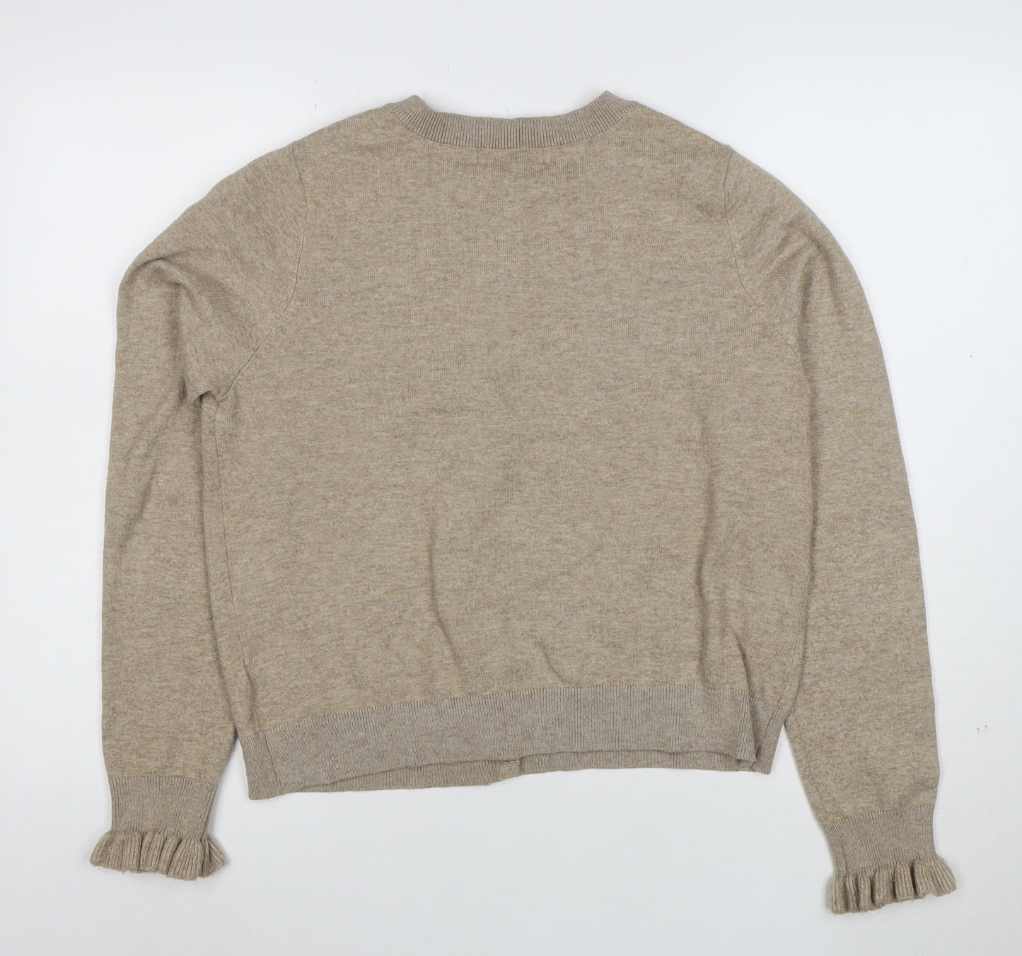 Marks and Spencer Womens Beige Cardigan M Knit Crew Neck Button Ruffle Detail