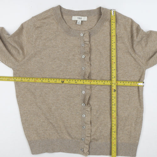 Marks and Spencer Womens Beige Cardigan M Knit Crew Neck Button Ruffle Detail