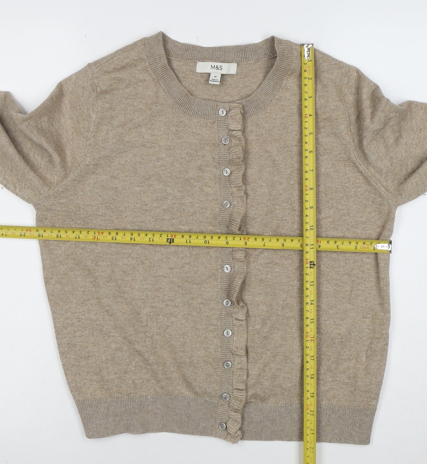 Marks and Spencer Womens Beige Cardigan M Knit Crew Neck Button Ruffle Detail