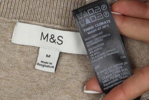 Marks and Spencer Womens Beige Cardigan M Knit Crew Neck Button Ruffle Detail