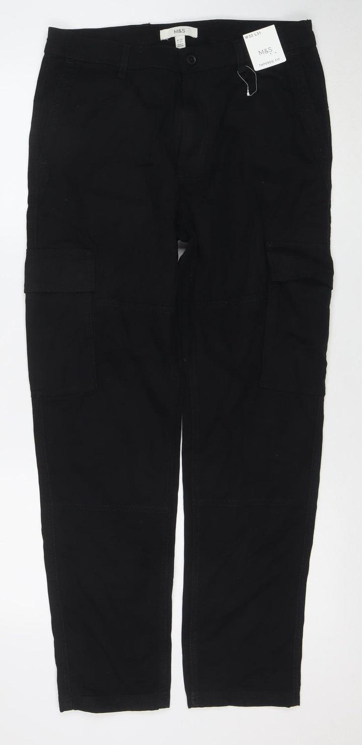 Marks and Spencer Men's Black Cargo Tapered Fit Trousers 32W 31L