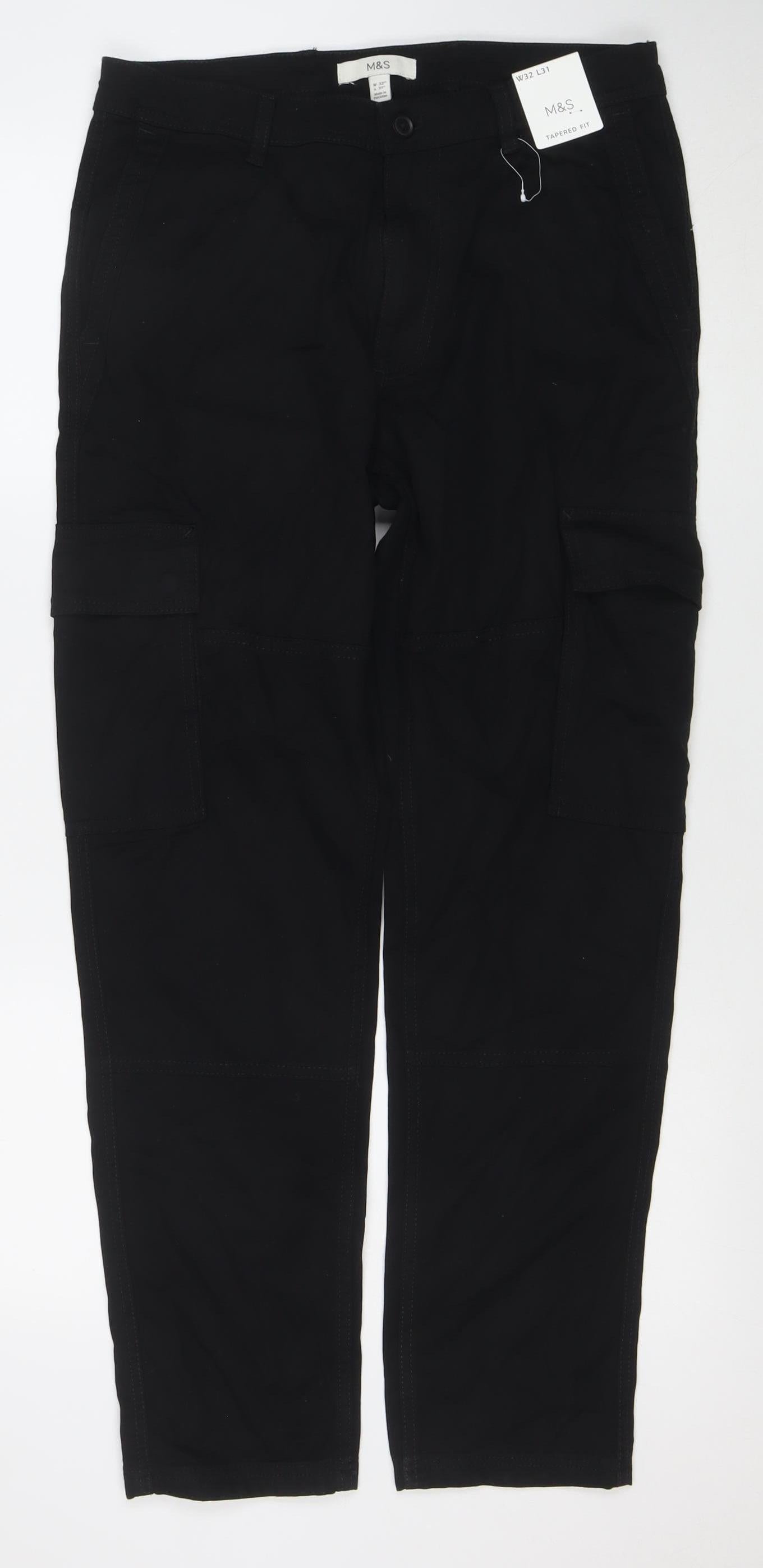 Marks and Spencer Men's Black Cargo Tapered Fit Trousers 32W 31L