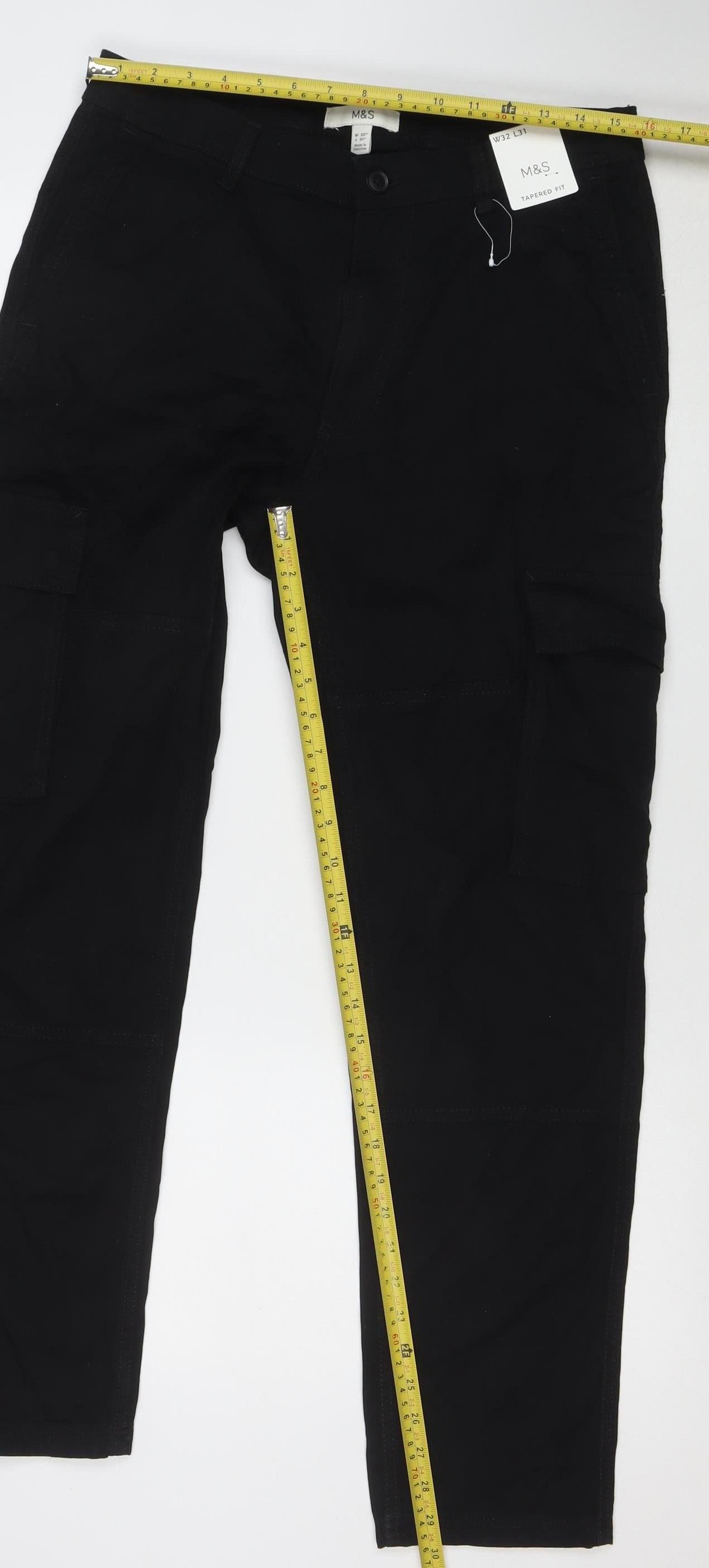 Marks and Spencer Men's Black Cargo Tapered Fit Trousers 32W 31L