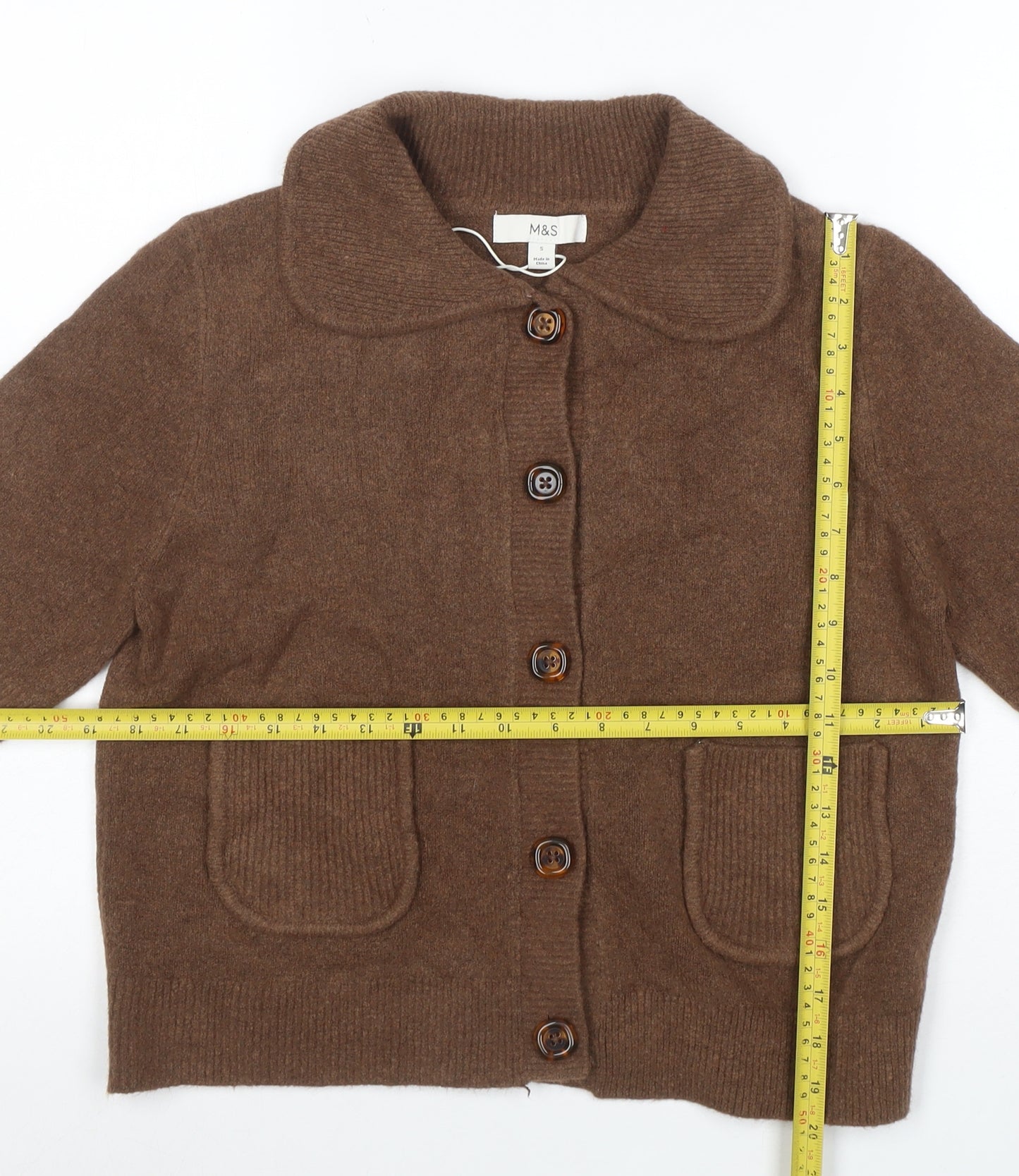 Marks and Spencer Women Brown Small Collared Button Cardigan