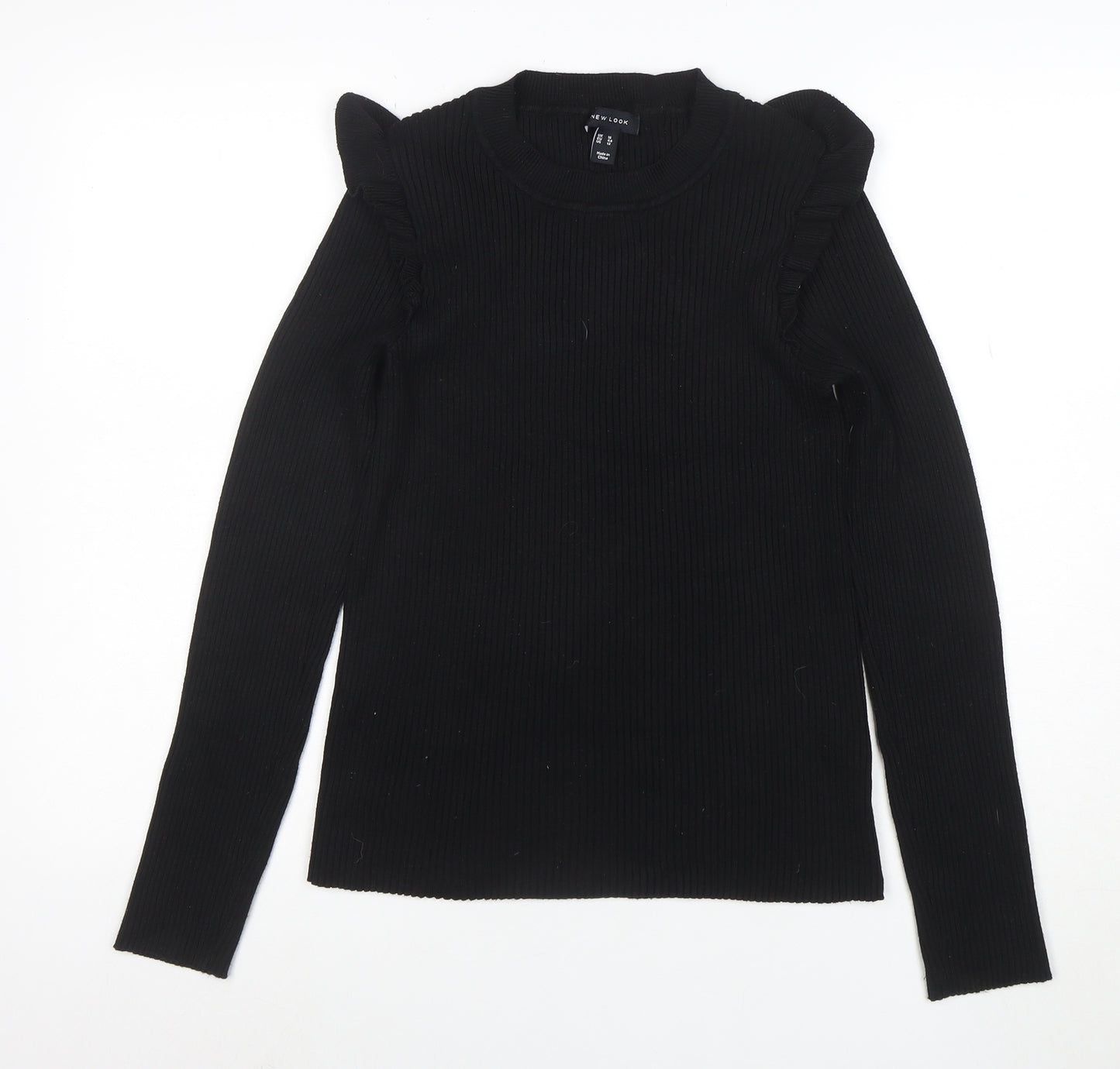 New Look Women's Black Crew Neck Ruffle Sleeve Knit Jumper Size 16