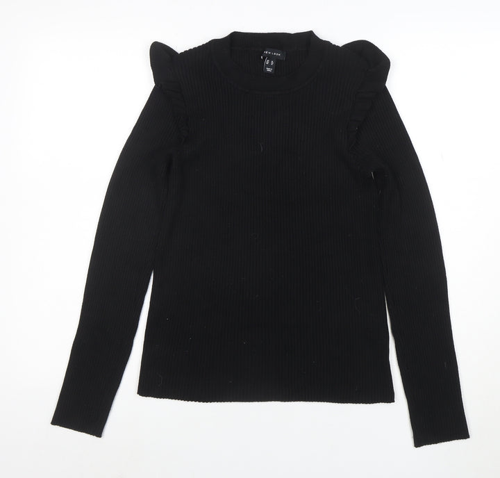 New Look Women's Black Crew Neck Ruffle Sleeve Knit Jumper Size 16