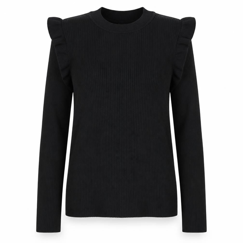 New Look Women's Black Crew Neck Ruffle Sleeve Knit Jumper Size 16