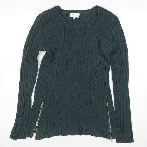 Apricot Women’s Green V-Neck Ribbed Knit Long Sleeve Jumper Size S