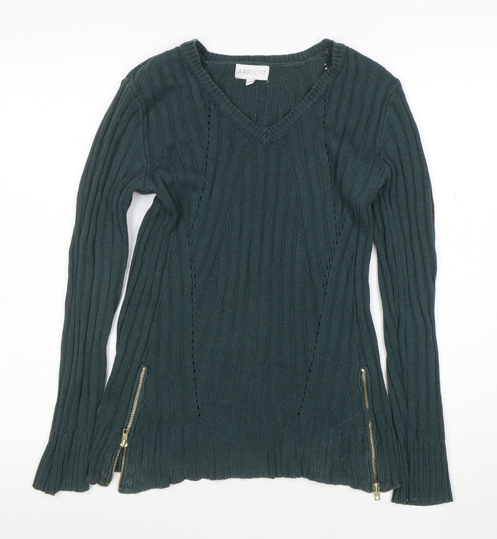 Apricot Women’s Green V-Neck Ribbed Knit Long Sleeve Jumper Size S