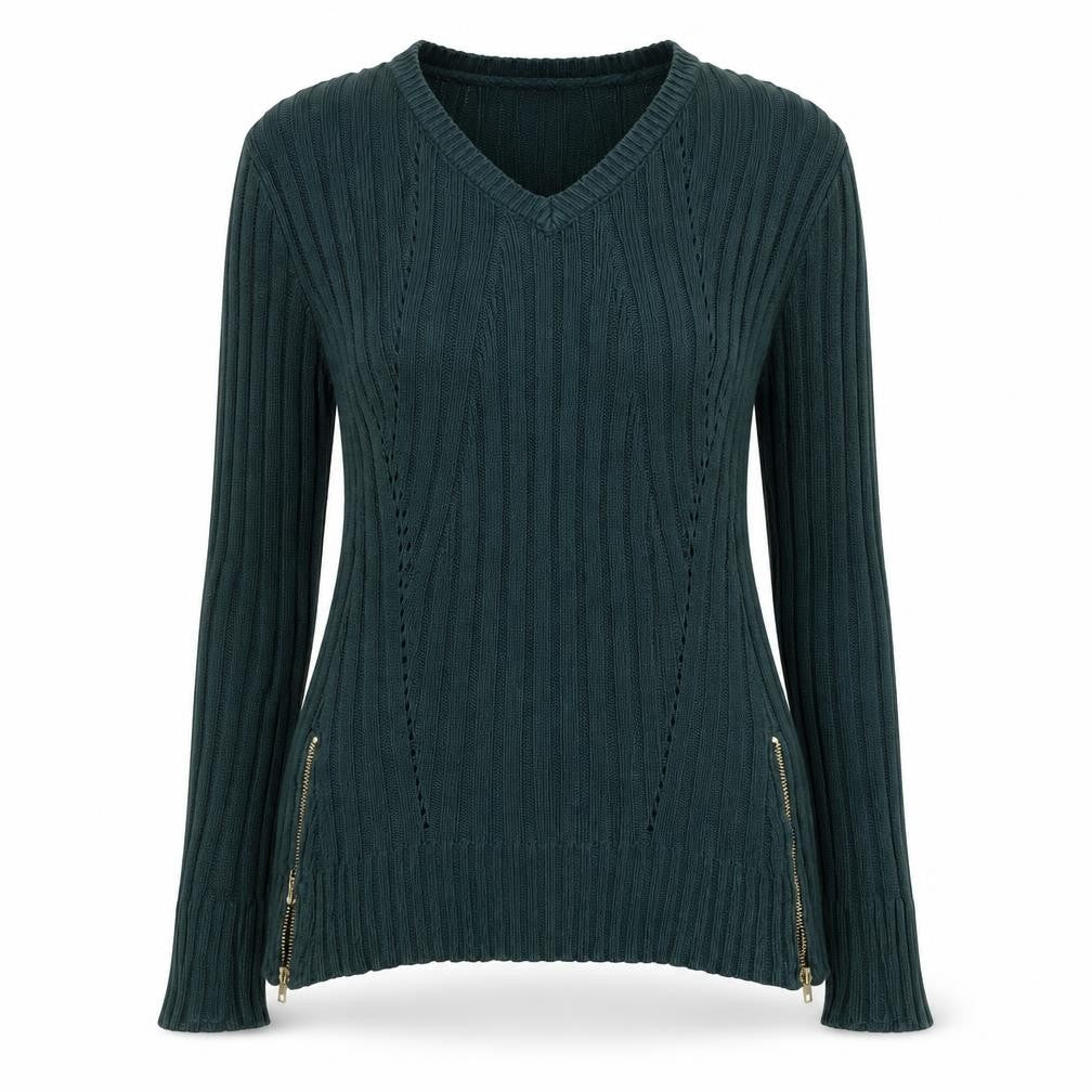 Apricot Women’s Green V-Neck Ribbed Knit Long Sleeve Jumper Size S