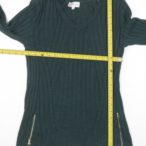 Apricot Women’s Green V-Neck Ribbed Knit Long Sleeve Jumper Size S