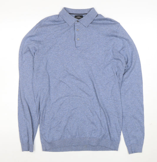 Next Men's Blue Long Sleeve Cotton Polo Shirt Medium