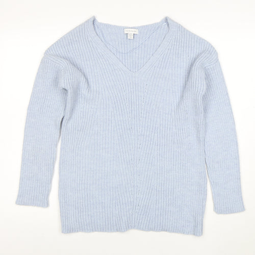 Topshop Women’s Light Blue V-Neck Ribbed Knit Jumper XS