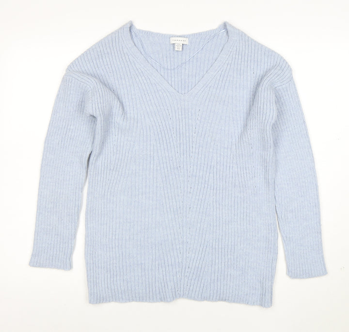 Topshop Women’s Light Blue V-Neck Ribbed Knit Jumper XS