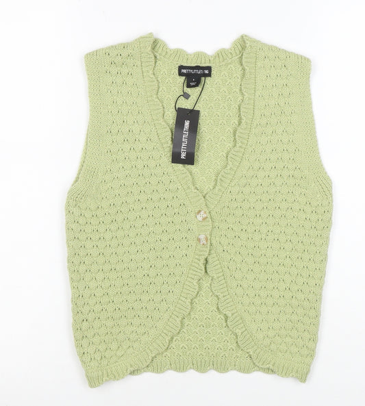 PrettyLittleThing Womens Green Sleeveless V-Neck Knit Cardigan S