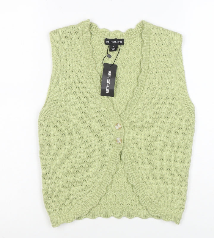PrettyLittleThing Womens Green Sleeveless V-Neck Knit Cardigan S