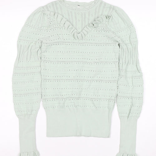 River Island Womens Green Ruffle Knit V-Neck Long Sleeve Blouse Size 10