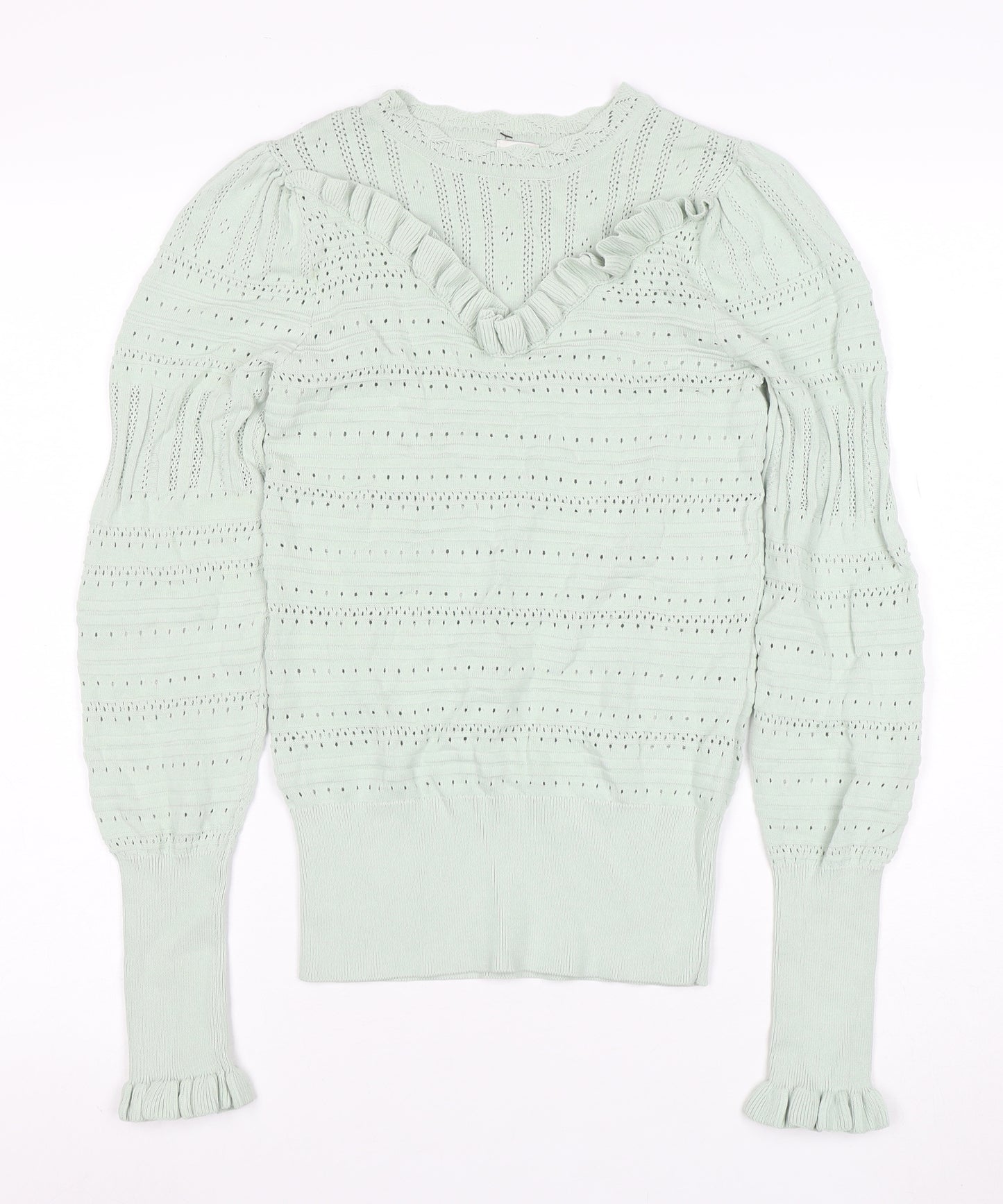River Island Womens Green Ruffle Knit V-Neck Long Sleeve Blouse Size 10