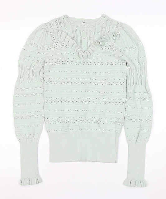 River Island Womens Green Ruffle Knit V-Neck Long Sleeve Blouse Size 10